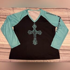 Black and Teal Long Sleeve Top with Cross Design